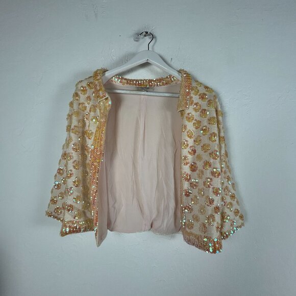 Free People Womens Sequin Cardigan Jacket Pink Gold Open Front Medium/Large - Picture 1 of 11